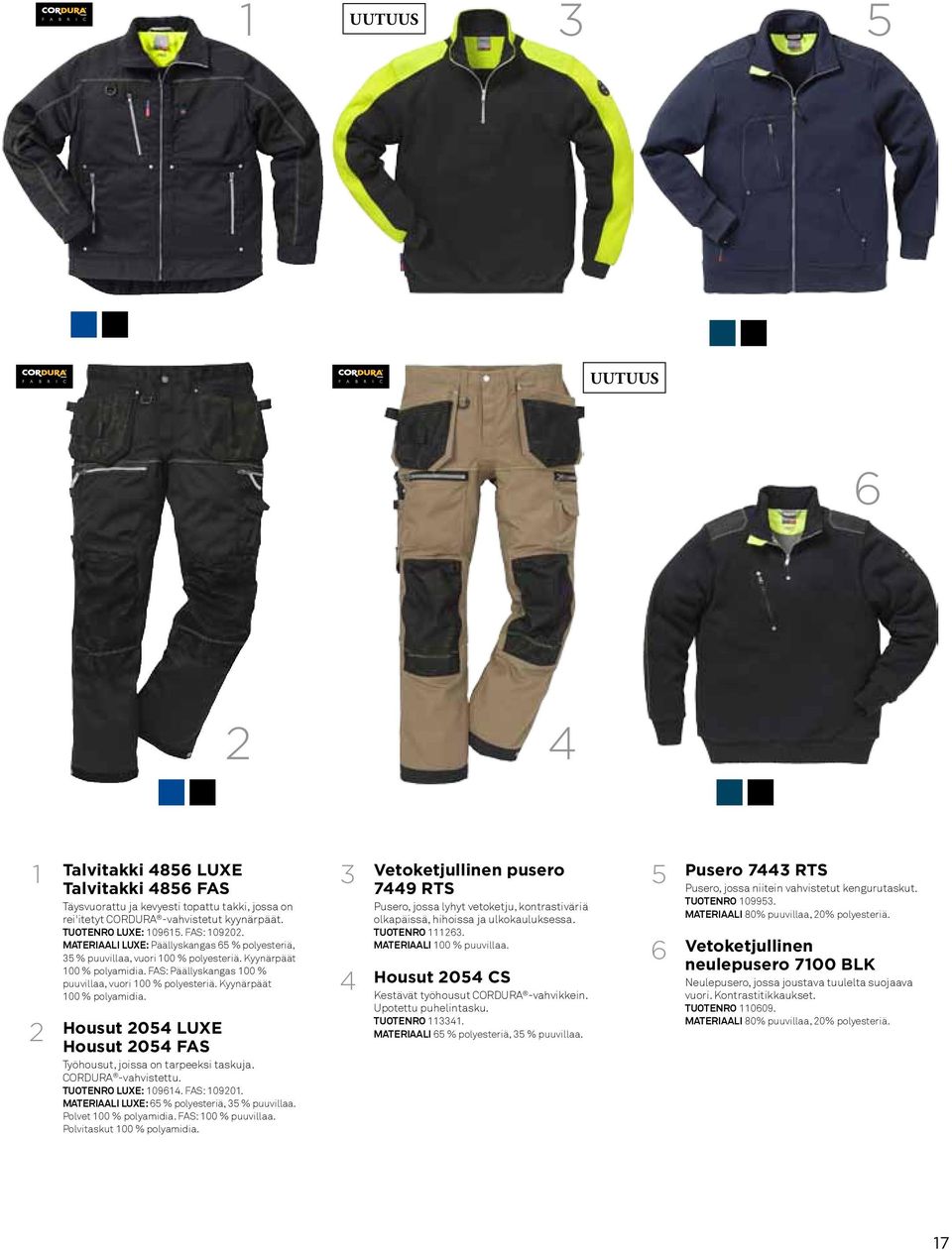 Kyynärpäät 100 % polyamidia. Housut 05 LUXE Housut 05 FAS Työhousut, joissa on tarpeeksi taskuja. CORDURA -vahvistettu. Tuotenro LUXE: 10961. FAS: 10901.