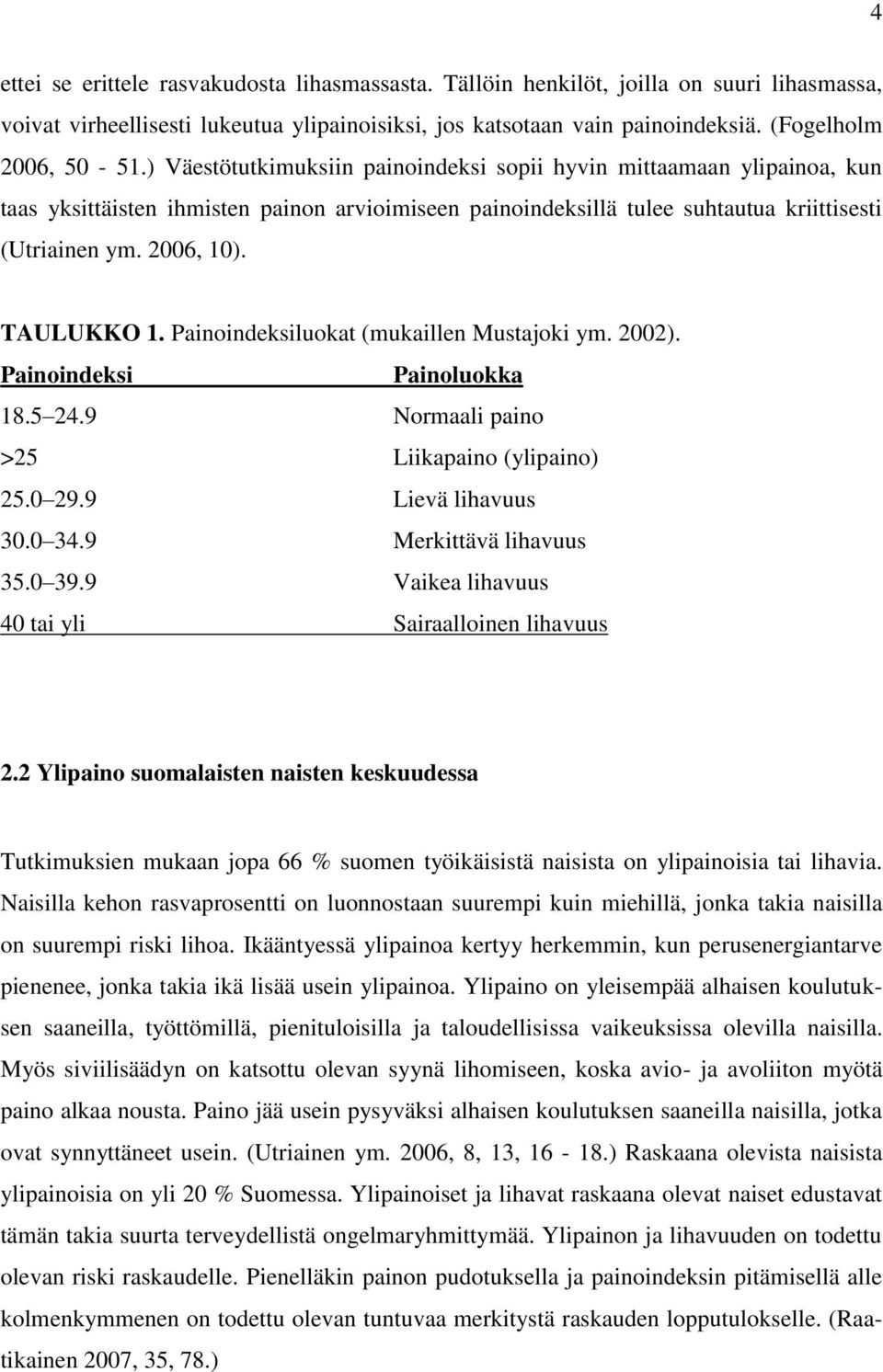 TAULUKKO 1. Painoindeksiluokat (mukaillen Mustajoki ym. 2002). Painoindeksi Painoluokka 18.5 24.9 Normaali paino >25 Liikapaino (ylipaino) 25.0 29.9 Lievä lihavuus 30.0 34.9 Merkittävä lihavuus 35.