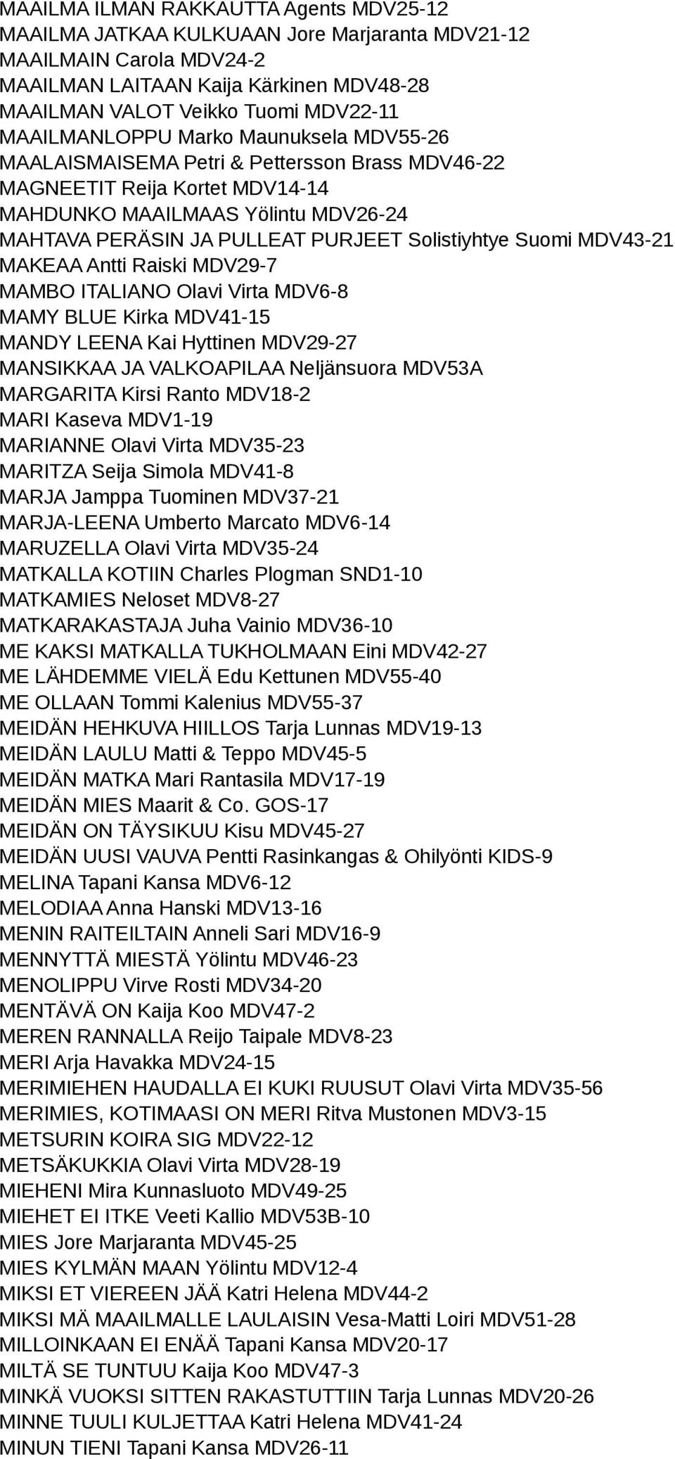 Solistiyhtye Suomi MDV43-21 MAKEAA Antti Raiski MDV29-7 MAMBO ITALIANO Olavi Virta MDV6-8 MAMY BLUE Kirka MDV41-15 MANDY LEENA Kai Hyttinen MDV29-27 MANSIKKAA JA VALKOAPILAA Neljänsuora MDV53A