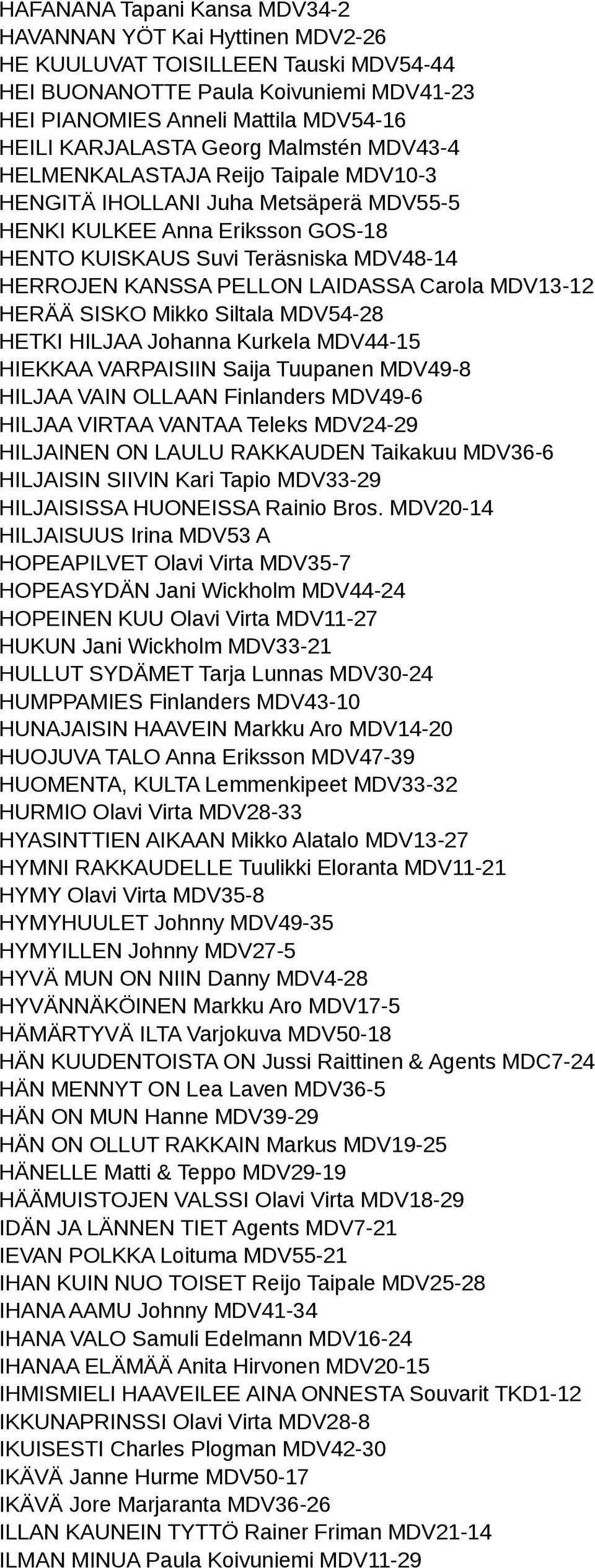 LAIDASSA Carola MDV13-12 HERÄÄ SISKO Mikko Siltala MDV54-28 HETKI HILJAA Johanna Kurkela MDV44-15 HIEKKAA VARPAISIIN Saija Tuupanen MDV49-8 HILJAA VAIN OLLAAN Finlanders MDV49-6 HILJAA VIRTAA VANTAA