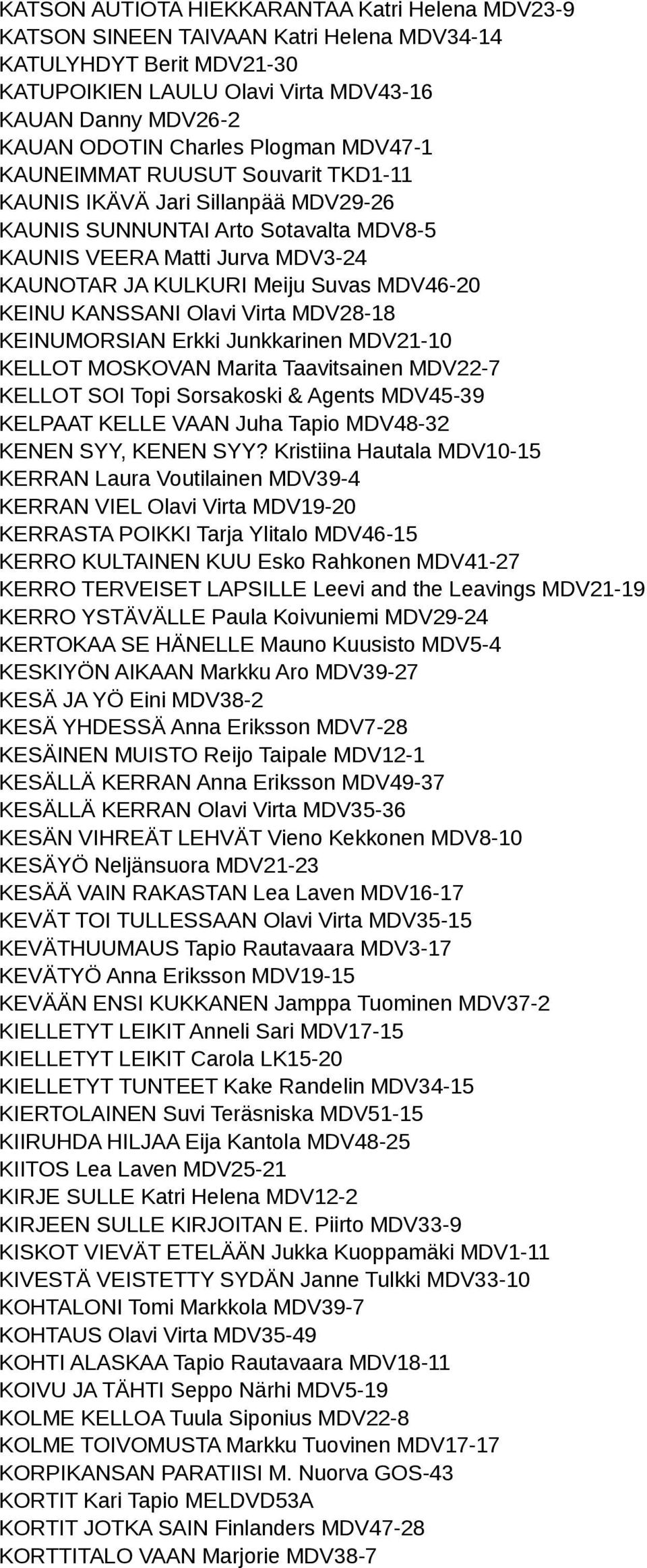 MDV46-20 KEINU KANSSANI Olavi Virta MDV28-18 KEINUMORSIAN Erkki Junkkarinen MDV21-10 KELLOT MOSKOVAN Marita Taavitsainen MDV22-7 KELLOT SOI Topi Sorsakoski & Agents MDV45-39 KELPAAT KELLE VAAN Juha