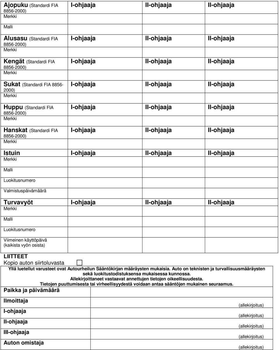 määräysten mukaisia. Auto on teknisten ja turvallisuusmääräysten sekä luokitustodistuksensa mukaisessa kunnossa.