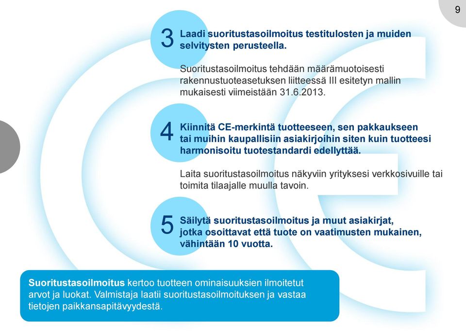 4 Kiinnitä CE-merkintä tuotteeseen, sen pakkaukseen tai muihin kaupallisiin asiakirjoihin siten kuin tuotteesi harmonisoitu tuotestandardi edellyttää.