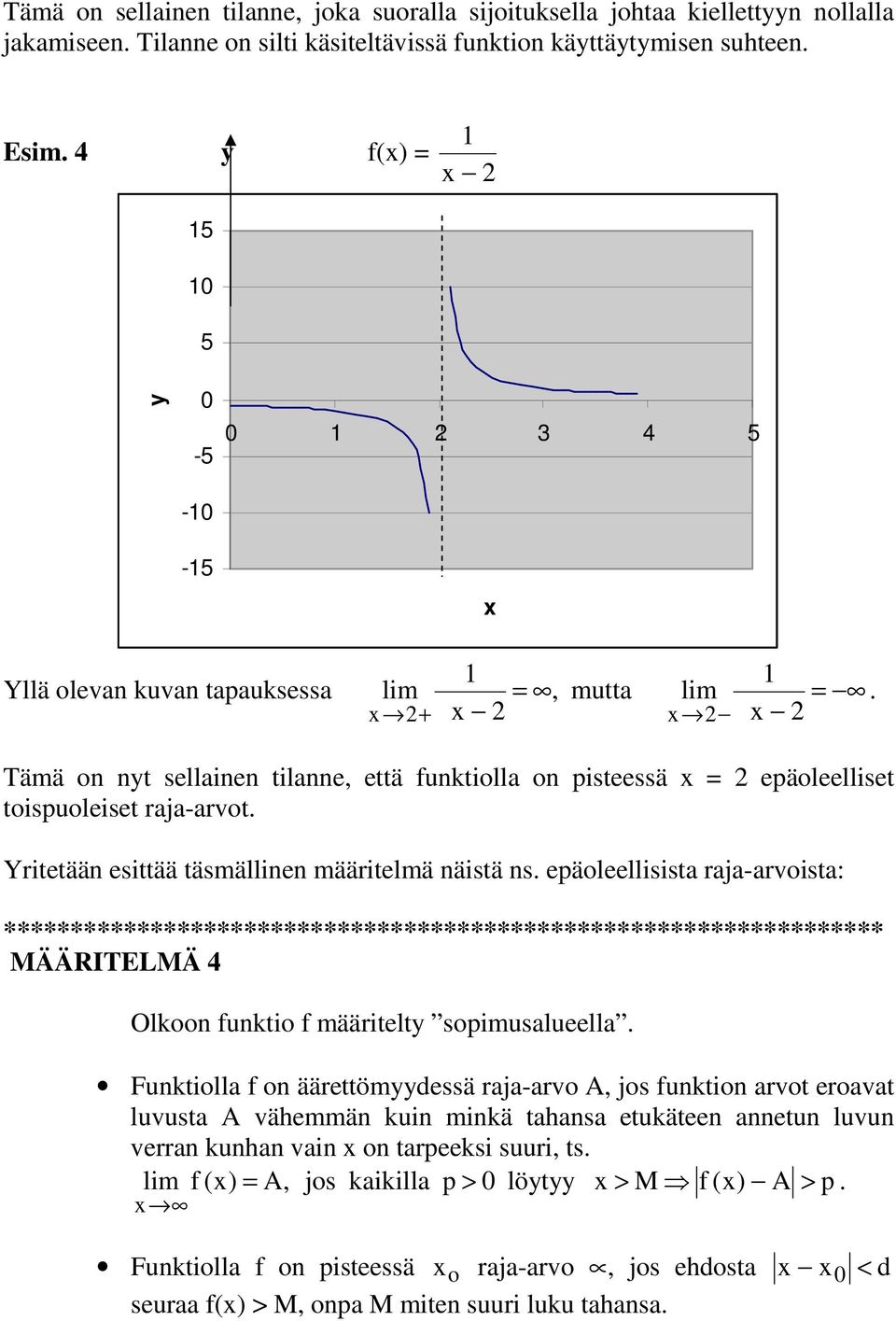 Yritetää esittää täsmällie määritelmä äistä s. eäoleellisist rj-rvoist: MÄÄRITELMÄ Olkoo fuktio f määritelty soimuslueell.