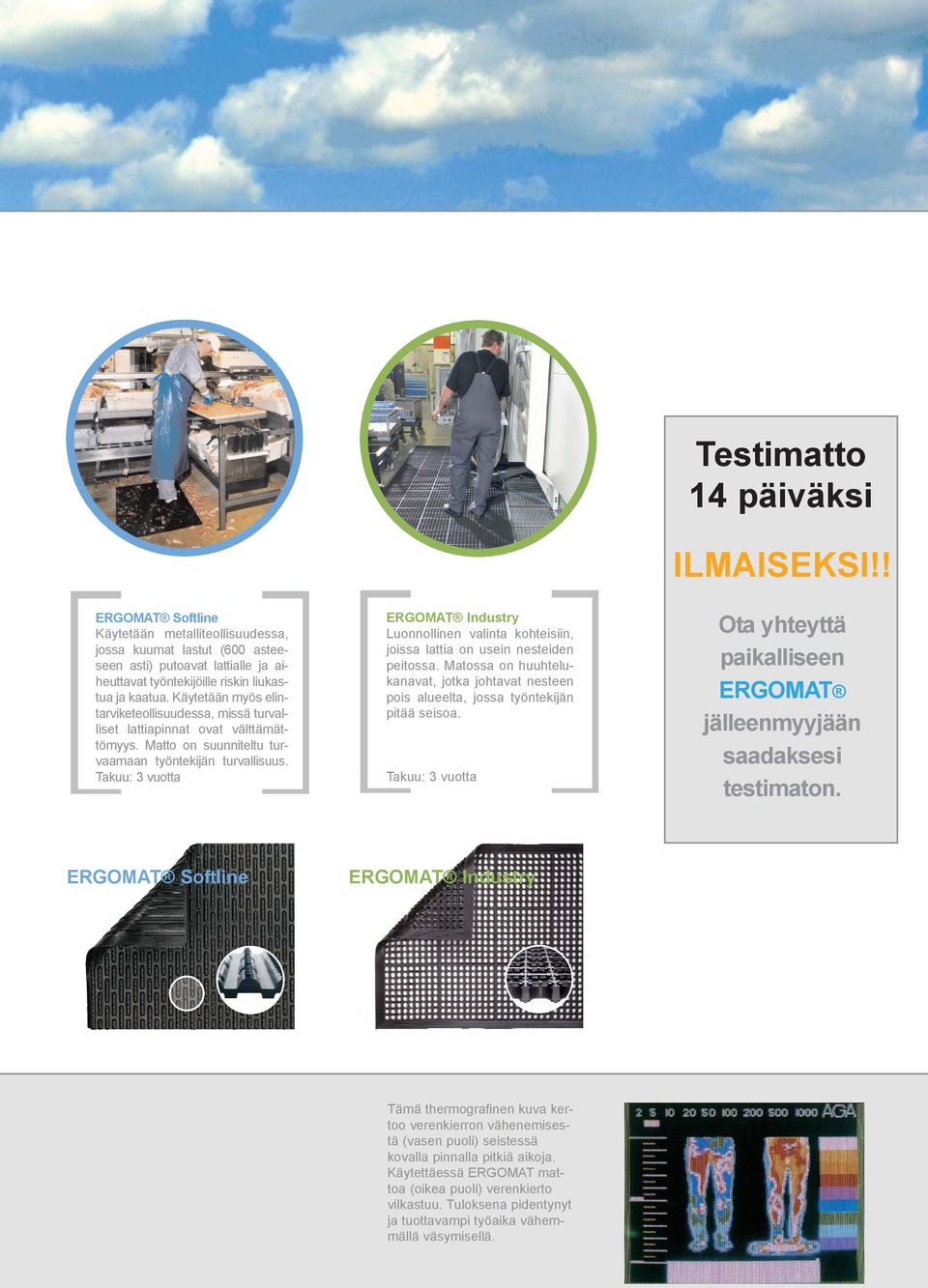 ERGOMAT Industry Luonnollinen valinta kohteisiin, joissa lattia on usein nesteiden peitossa. Matossa on huuhtelukanavat, jotka johtavat nesteen pois alueelta, jossa työntekijän pitää seisoa.