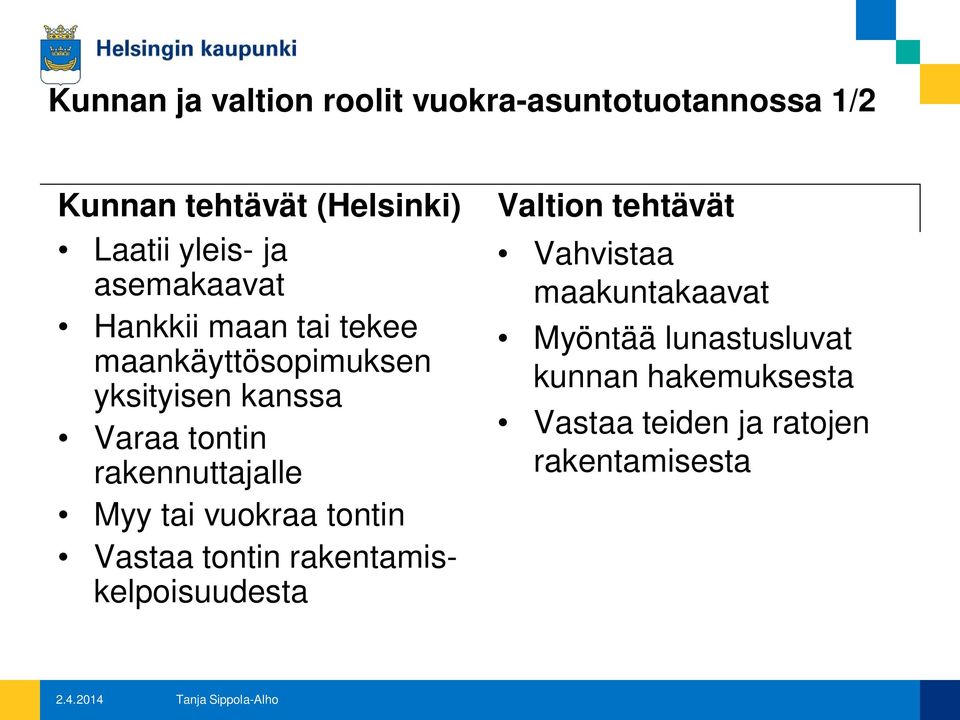 rakennuttajalle Myy tai vuokraa tontin Vastaa tontin rakentamiskelpoisuudesta Valtion tehtävät