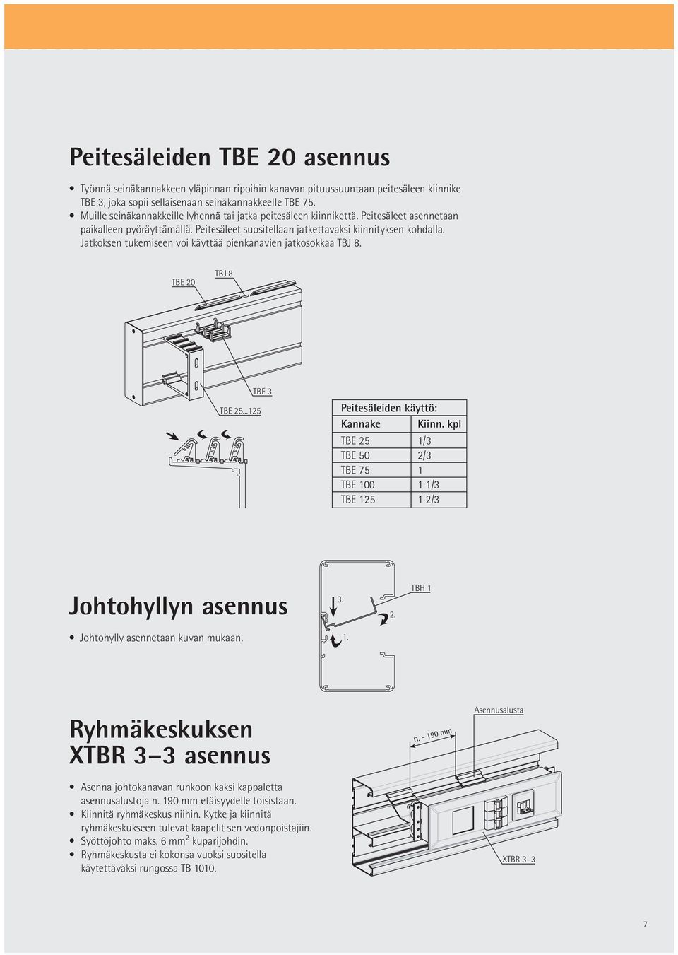 Jatkoksen tukemiseen voi käyttää pienkanavien jatkosokkaa TBJ 8. TBE 20 TBJ 8 TBE 25...125 TBE 3 Peitesäleiden käyttö: Kannake Kiinn.