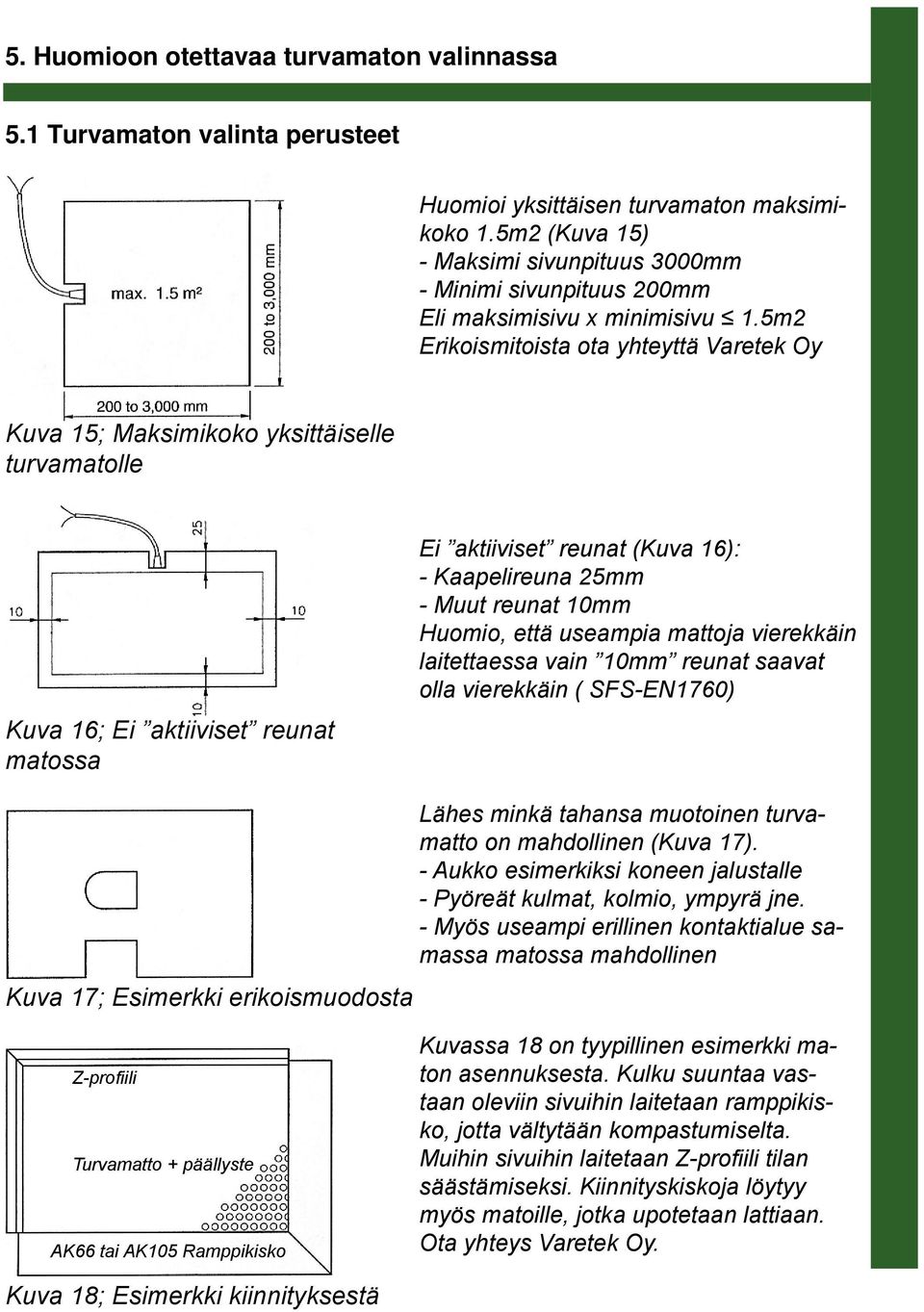 5m2 Erikoismitoista ota yhteyttä Varetek Oy Kuva 15; Maksimikoko yksittäiselle turvamatolle Kuva 16; Ei aktiiviset reunat matossa Ei aktiiviset reunat (Kuva 16): Kaapelireuna 25mm Muut reunat 10mm