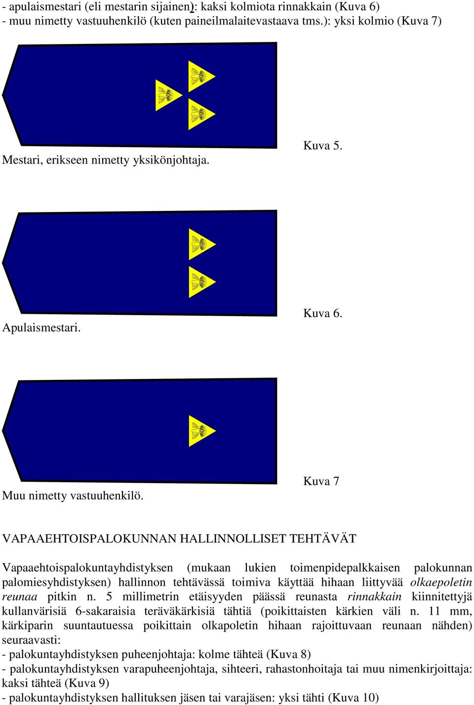 Kuva 7 VAPAAEHTOISPALOKUNNAN HALLINNOLLISET TEHTÄVÄT Vapaaehtoispalokuntayhdistyksen (mukaan lukien toimenpidepalkkaisen palokunnan palomiesyhdistyksen) hallinnon tehtävässä toimiva käyttää hihaan