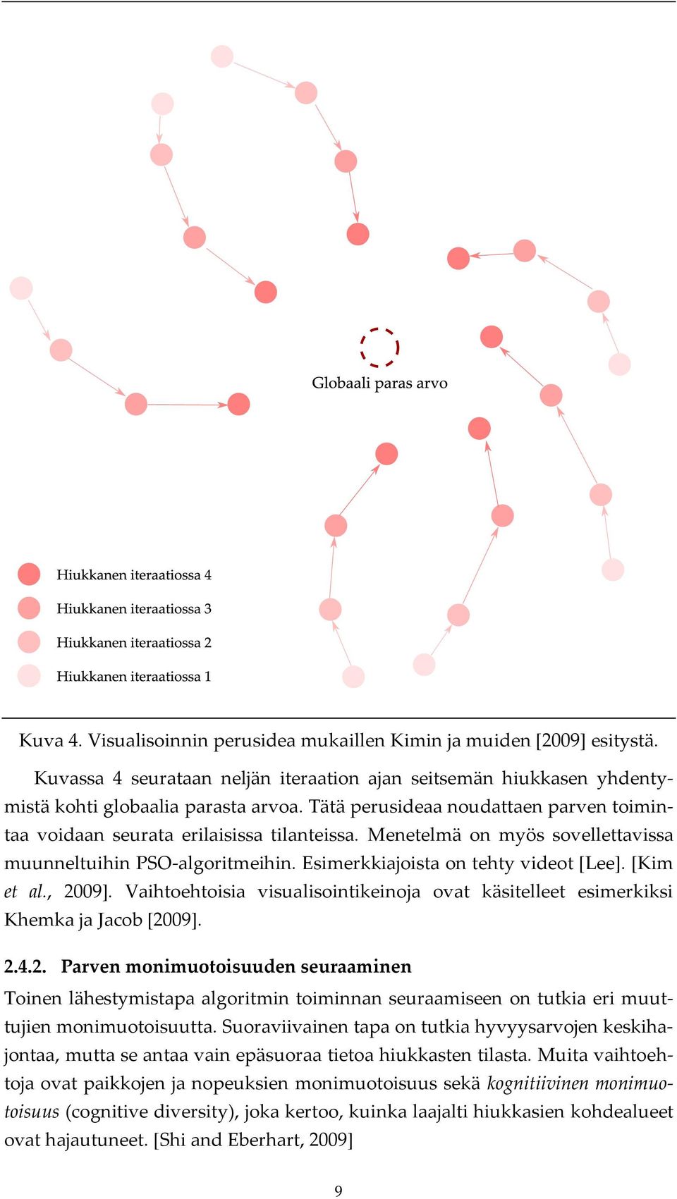 [Kim et al., 2009]. Vaihtoehtoisia visualisointikeinoja ovat käsitelleet esimerkiksi Khemka ja Jacob [2009]. 2.4.2. Parven monimuotoisuuden seuraaminen Toinen lähestymistapa algoritmin toiminnan seuraamiseen on tutkia eri muuttujien monimuotoisuutta.