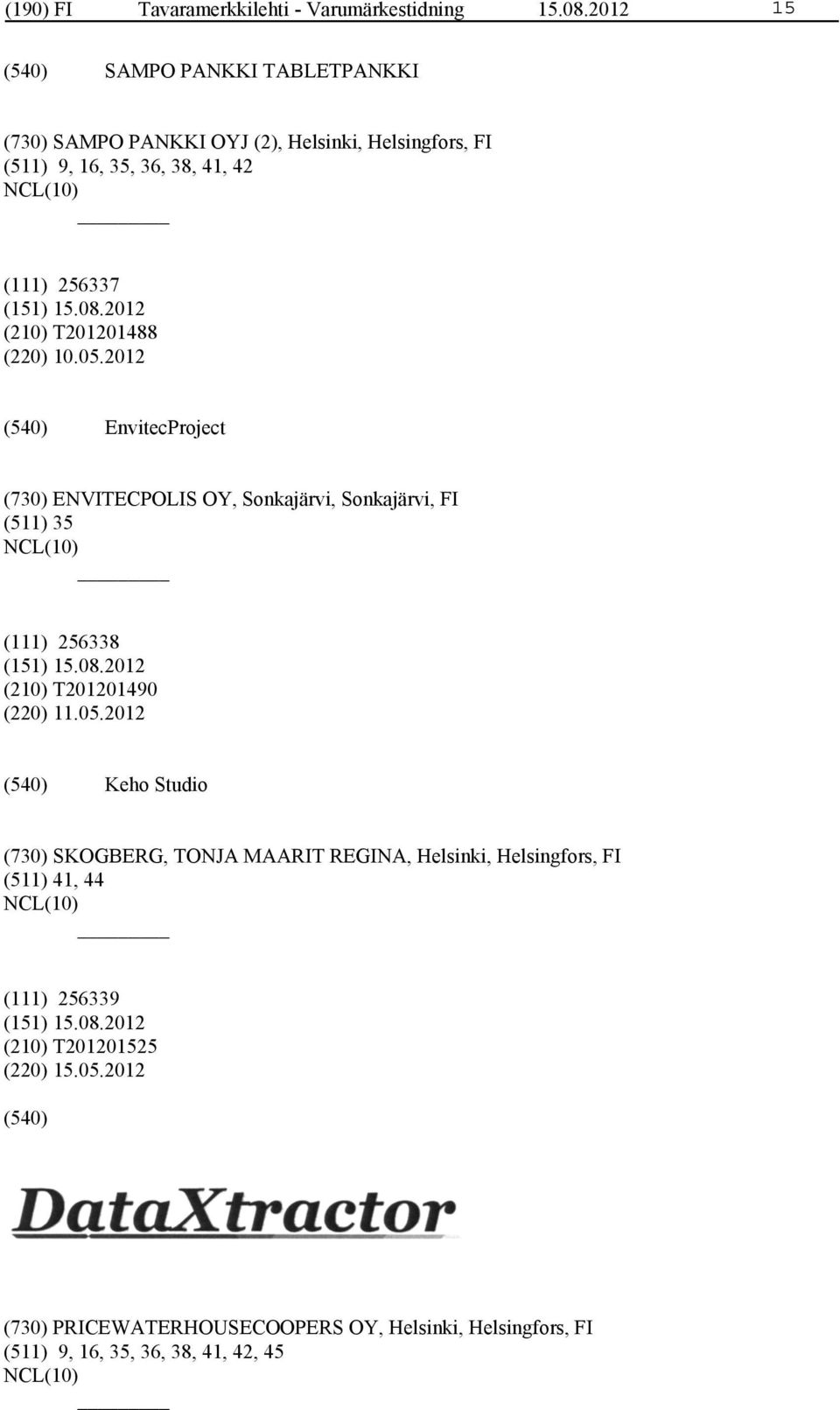 T201201488 (220) 10.05.2012 EnvitecProject (730) ENVITECPOLIS OY, Sonkajärvi, Sonkajärvi, FI (511) 35 (111) 256338 (210) T201201490 (220) 11.