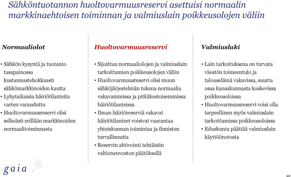 normaaliolojen ja valmiuslain tarkoittamien poikkeusolojen väliin Huoltovarmuusreservi olisi muun sähköjärjestelmän tukena normaalia vakavammissa ja pitkäkestoisemmissa häiriötilanteissa Ilman