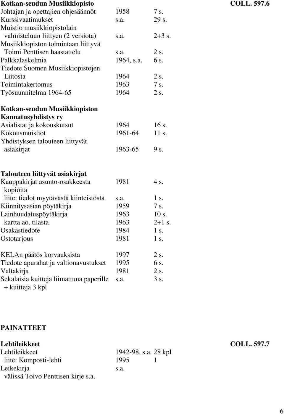 Työsuunnitelma 1964-65 1964 2 s. Kotkan-seudun Musiikkiopiston Kannatusyhdistys ry Asialistat ja kokouskutsut 1964 16 s. Kokousmuistiot 1961-64 11 s.