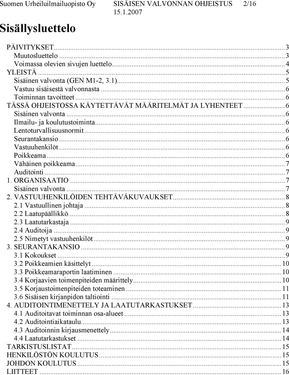 ..6 Lentoturvallisuusnormit...6 Seurantakansio...6 Vastuuhenkilöt...6 Poikkeama...6 Vähäinen poikkeama...7 Auditointi...7 1. ORGANISAATIO...7 Sisäinen valvonta...7 2.