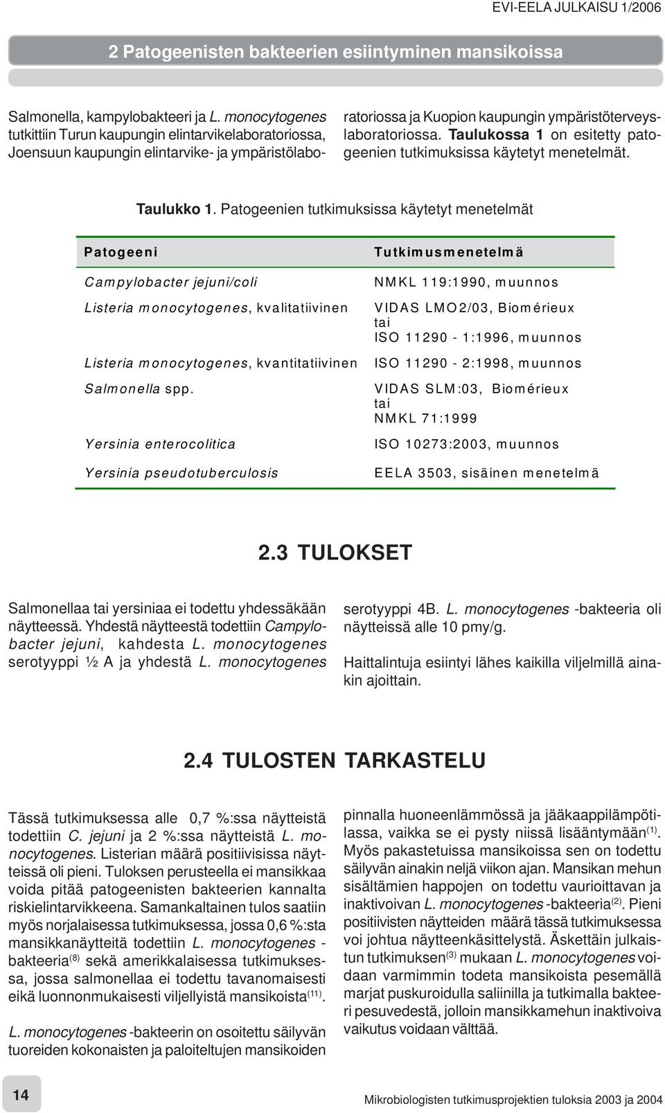 Taulukossa 1 on esitetty patogeenien tutkimuksissa käytetyt menetelmät. Taulukko 1.