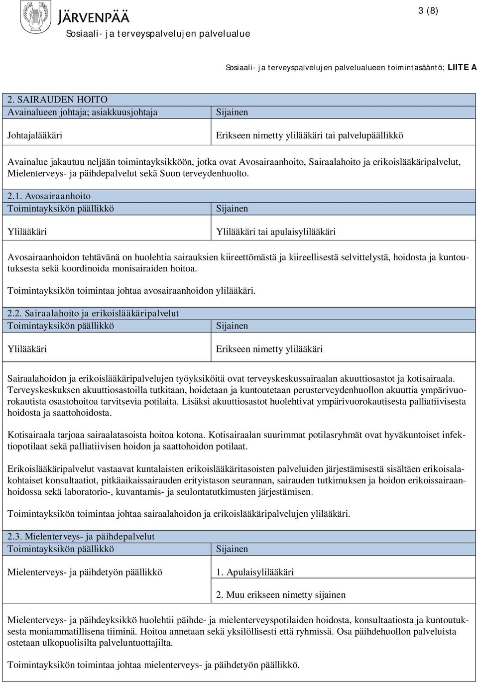 Sairaalahoito ja erikoislääkäripalvelut, Mielenterveys- ja päihdepalvelut sekä Suun terveydenhuolto. 2.1.