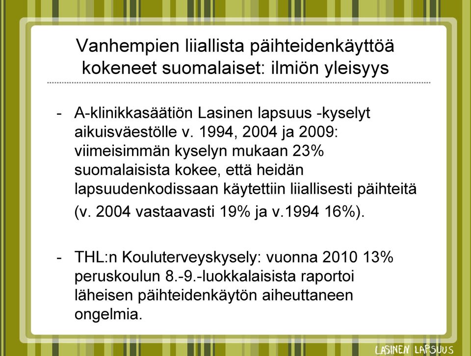 1994, 2004 ja 2009: viimeisimmän kyselyn mukaan 23% suomalaisista kokee, että heidän lapsuudenkodissaan