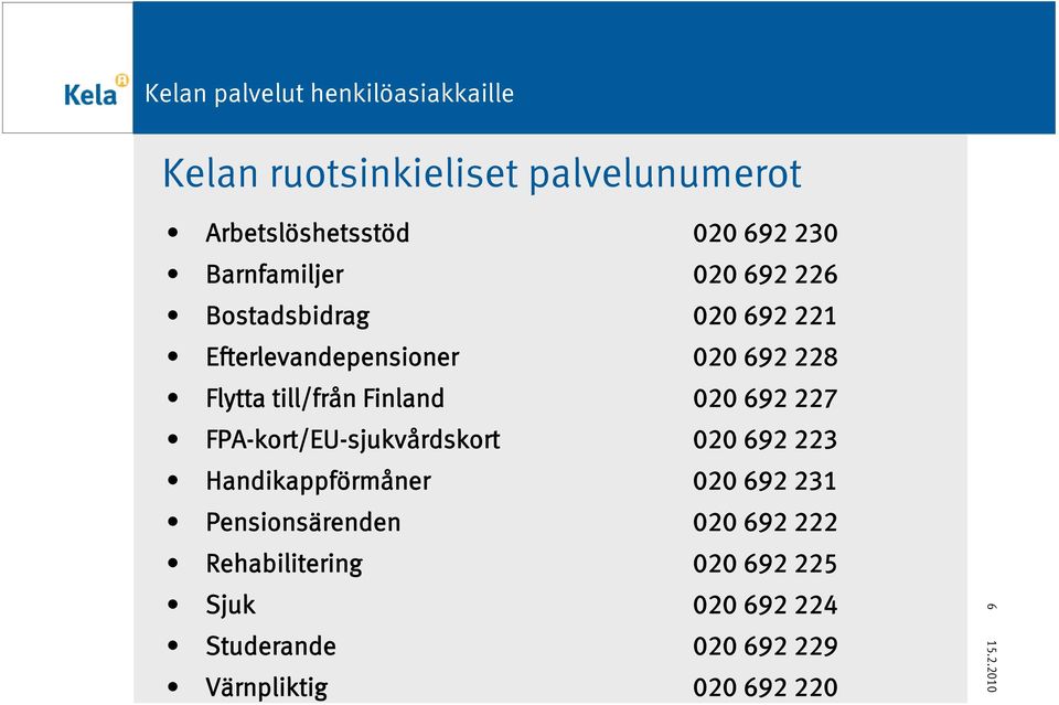 227 FPA-kort/EU-sjukvårdskort 020 692 223 Handikappförmåner 020 692 231 Pensionsärenden 020