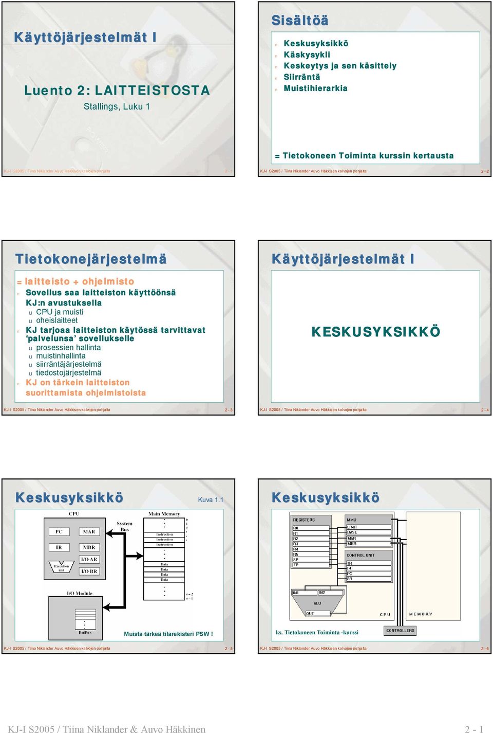 laitteiston käyttöönsä KJ:n avustuksella u CPU ja muisti u oheislaitteet KJ tarjoaa laitteiston käytössä tarvittavat palvelunsa sovellukselle u prosessien hallinta u muistinhallinta u