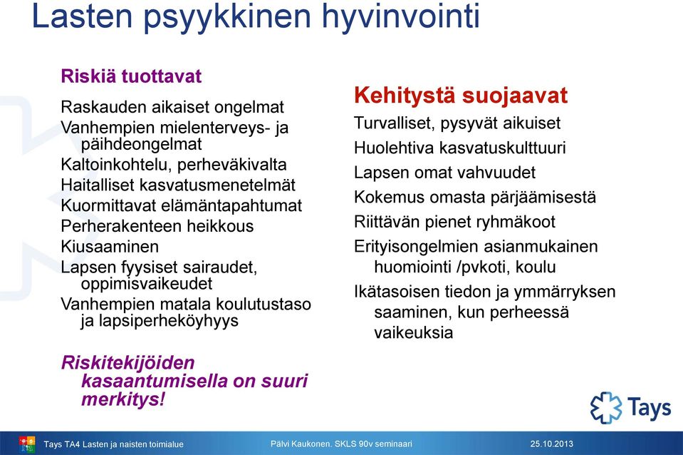 lapsiperheköyhyys Kehitystä suojaavat Turvalliset, pysyvät aikuiset Huolehtiva kasvatuskulttuuri Lapsen omat vahvuudet Kokemus omasta pärjäämisestä Riittävän pienet