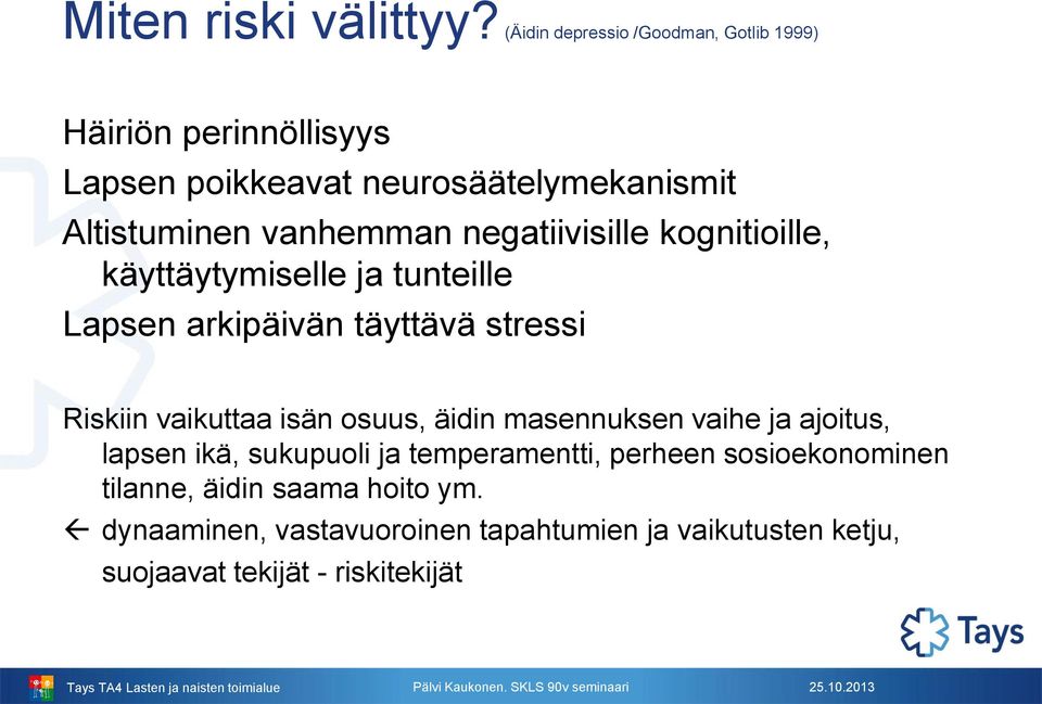 vanhemman negatiivisille kognitioille, käyttäytymiselle ja tunteille Lapsen arkipäivän täyttävä stressi Riskiin vaikuttaa