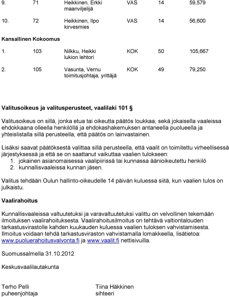 olleella henkilöllä ja ehdokashakemuksen antaneella puolueella ja yhteislistalla sillä perusteella, että päätös on lainvastainen.