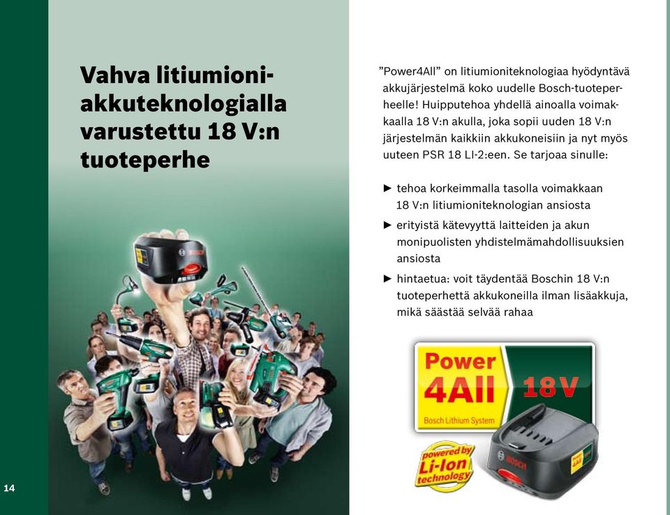 Huipputehoa yhdellä ainoalla voimakkaalla 18 V:n akulla, joka sopii uuden 18 V:n järjestelmän kaikkiin akkukoneisiin ja nyt myös uuteen PSR 18 LI-2:een.