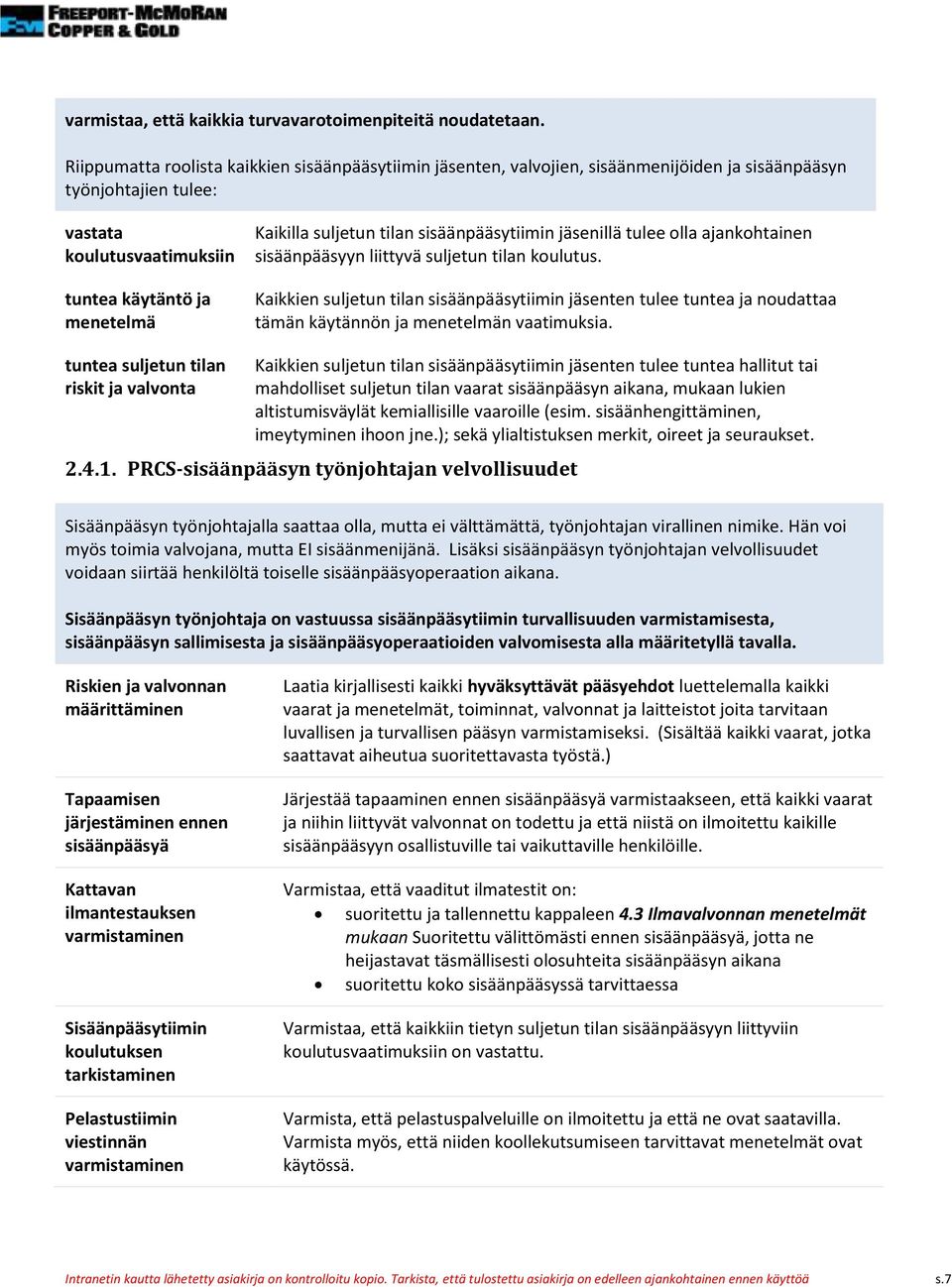 tilan sisäänpääsytiimin jäsenillä tulee olla ajankohtainen sisäänpääsyyn liittyvä suljetun tilan koulutus.