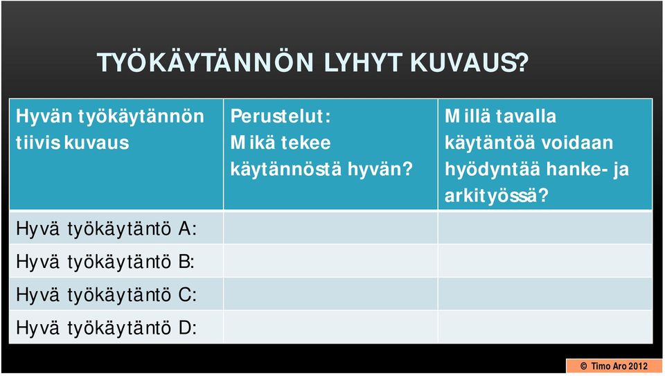 työkäytäntö B: Hyvä työkäytäntö C: Hyvä työkäytäntö D: