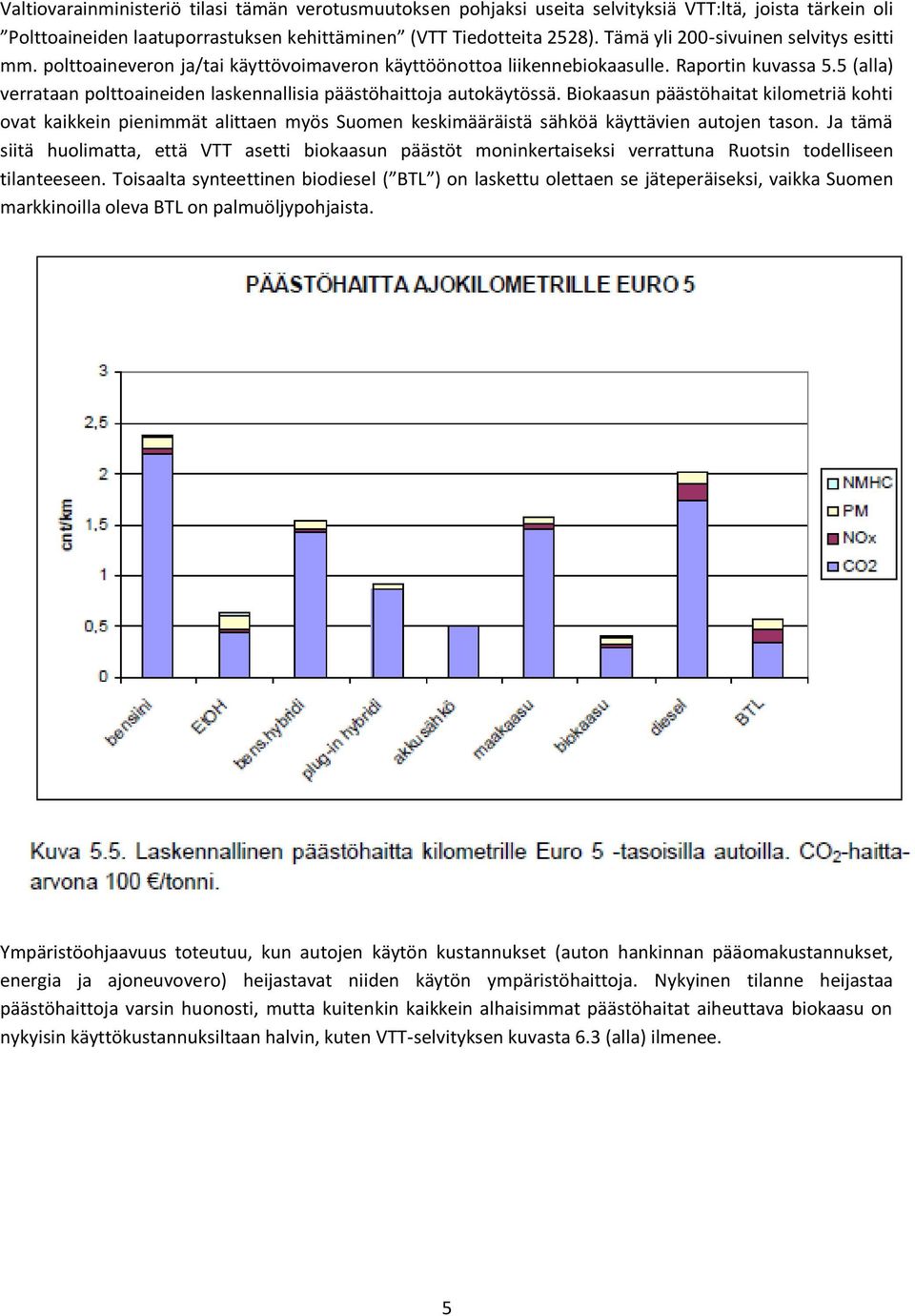 5 (alla) verrataan polttoaineiden laskennallisia päästöhaittoja autokäytössä.