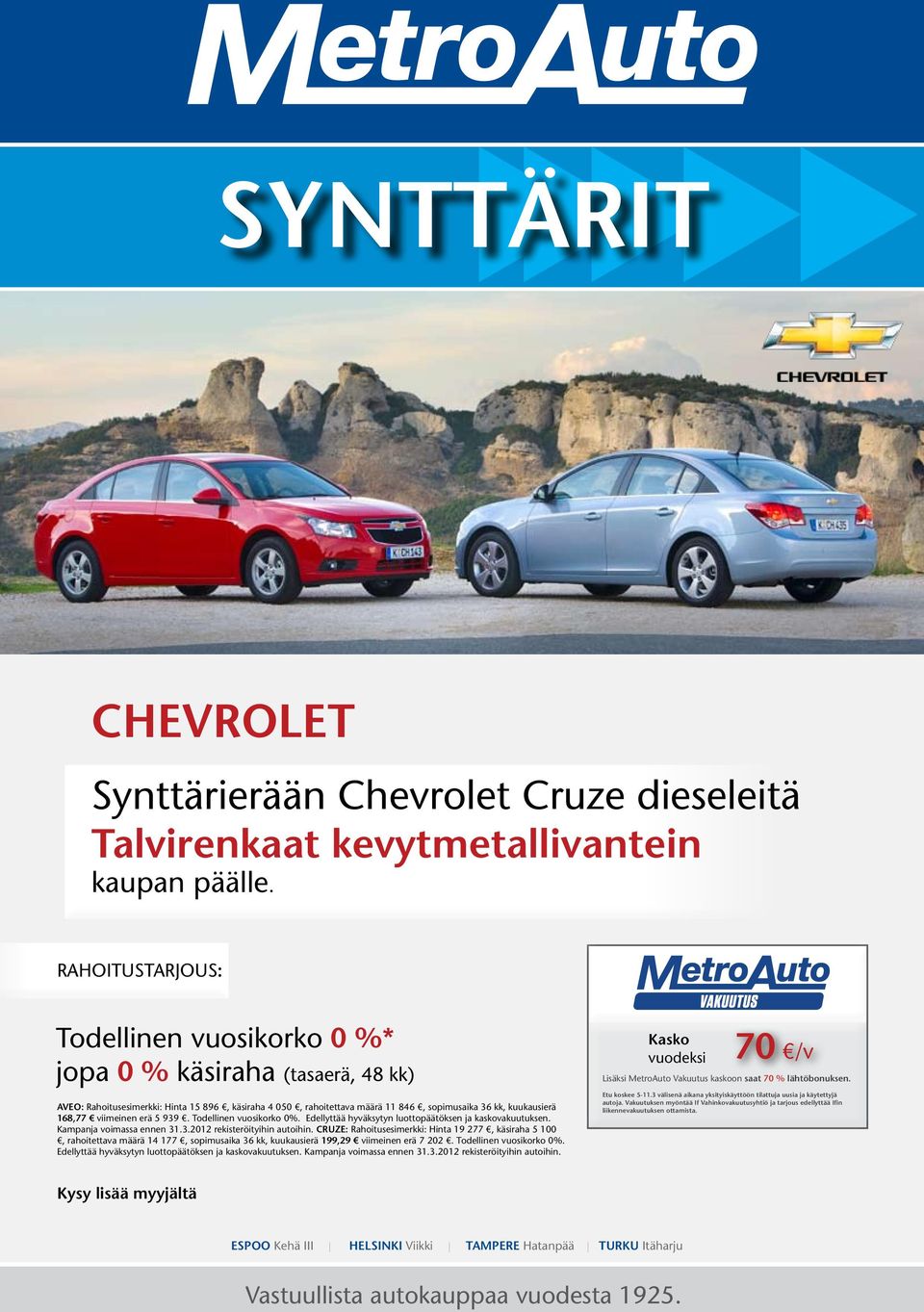 viimeinen erä 5 939. Todellinen vuosikorko 0%. Edellyttää hyväksytyn luottopäätöksen ja kaskovakuutuksen. Kampanja voimassa ennen 31.3.2012 rekisteröityihin autoihin.