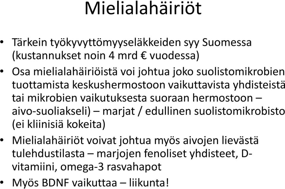 hermostoon aivo-suoliakseli) marjat / edullinen suolistomikrobisto (ei kliinisiä kokeita) Mielialahäiriöt voivat johtua