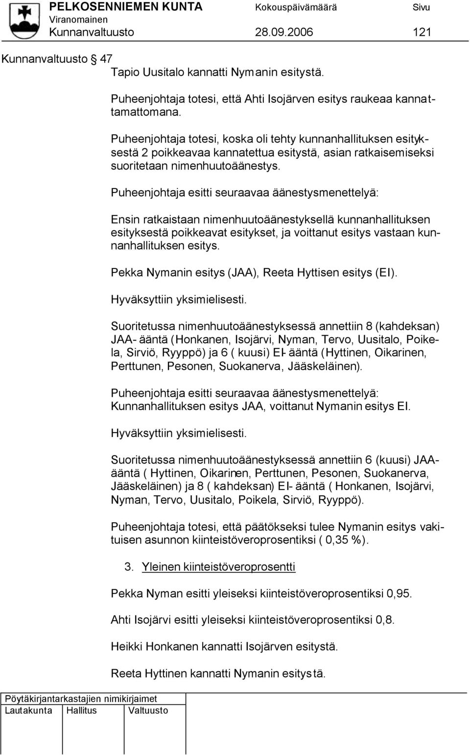 Puheenjohtaja esitti seuraavaa äänestysmenettelyä: Ensin ratkaistaan nimenhuutoäänestyksellä kunnanhallituksen esityksestä poikkeavat esitykset, ja voittanut esitys vastaan kunnanhallituksen esitys.