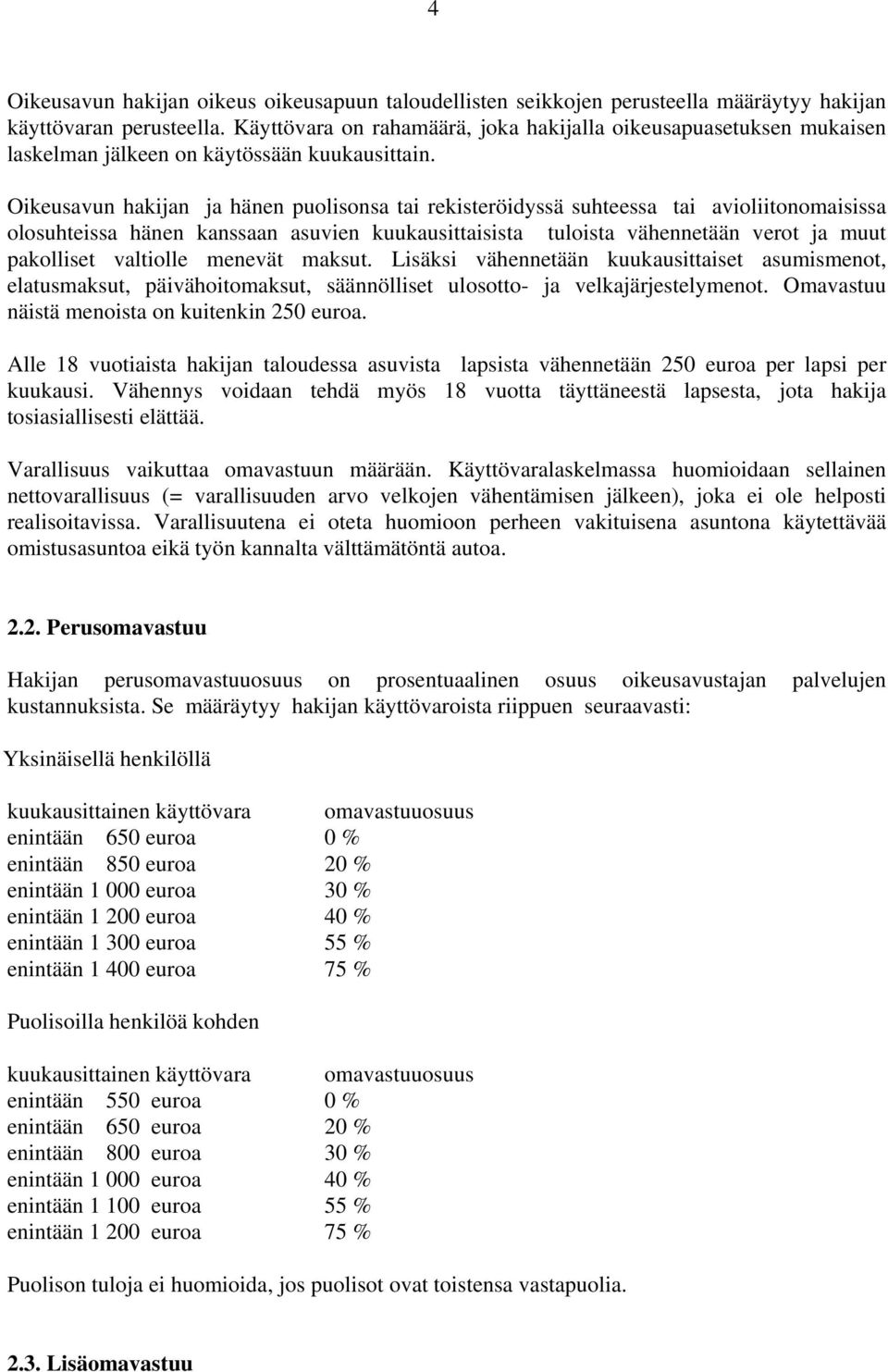 Oikeusavun hakijan ja hänen puolisonsa tai rekisteröidyssä suhteessa tai avioliitonomaisissa olosuhteissa hänen kanssaan asuvien kuukausittaisista tuloista vähennetään verot ja muut pakolliset