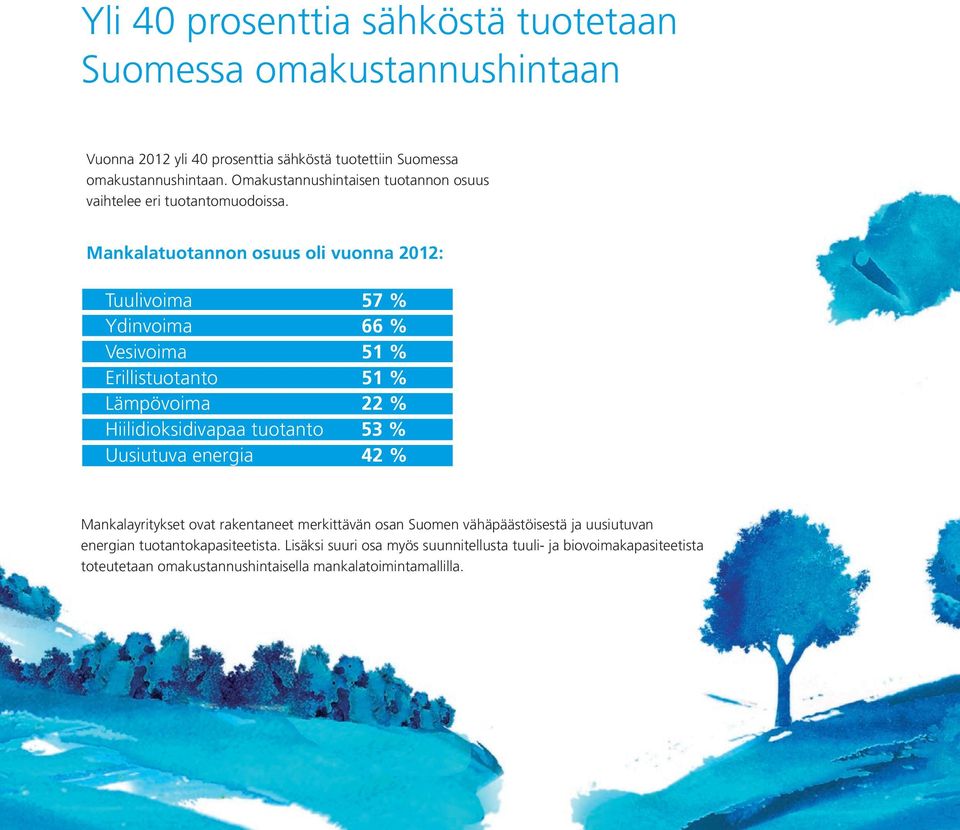 Mankalatuotannon osuus oli vuonna 2012: Tuulivoima 57 % Ydinvoima 66 % Vesivoima 51 % Erillistuotanto 51 % Lämpövoima 22 % Hiilidioksidivapaa tuotanto 53 %