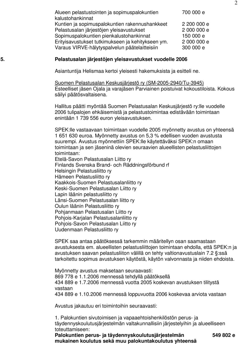 Pelastusalan järjestöjen yleisavustukset vuodelle 2006 Asiantuntija Helismaa kertoi yleisesti hakemuksista ja esitteli ne.