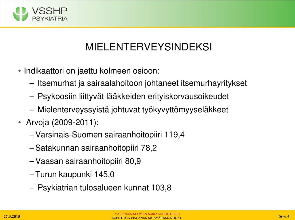työkyvyttömyyseläkkeet Arvoja (2009-2011): Varsinais-Suomen sairaanhoitopiiri 119,4 Satakunnan