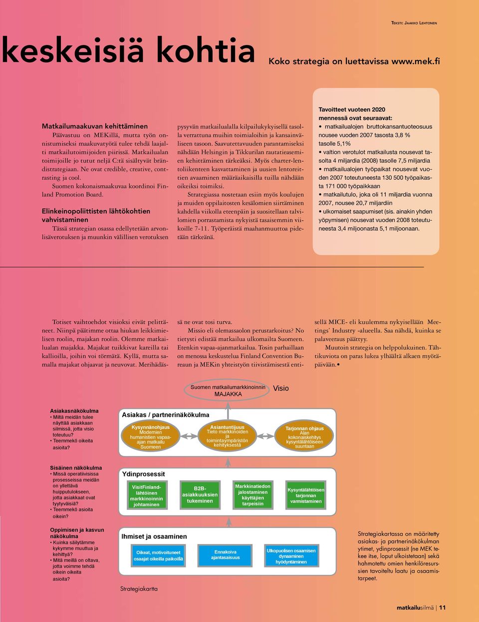 Matkailualan toimijoille jo tutut neljä C:tä sisältyvät brändistrategiaan. Ne ovat credible, creative, contrasting ja cool. Suomen kokonaismaakuvaa koordinoi Finland Promotion Board.