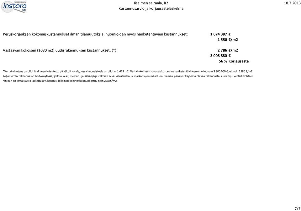 Vertailukohteen kokonaiskustannus hanketehtävineen on ollut noin 3 800 000, eli noin 2580 /m2.