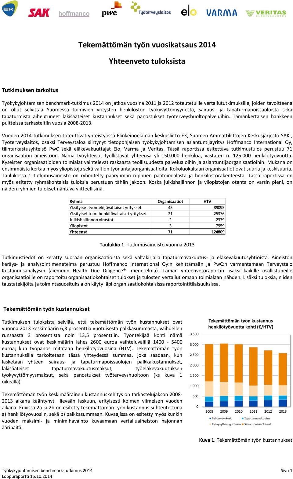 panostukset työterveyshuoltopalveluihin. Tämänkertaisen hankkeen puitteissa tarkasteltiin vuosia 2008-2013.