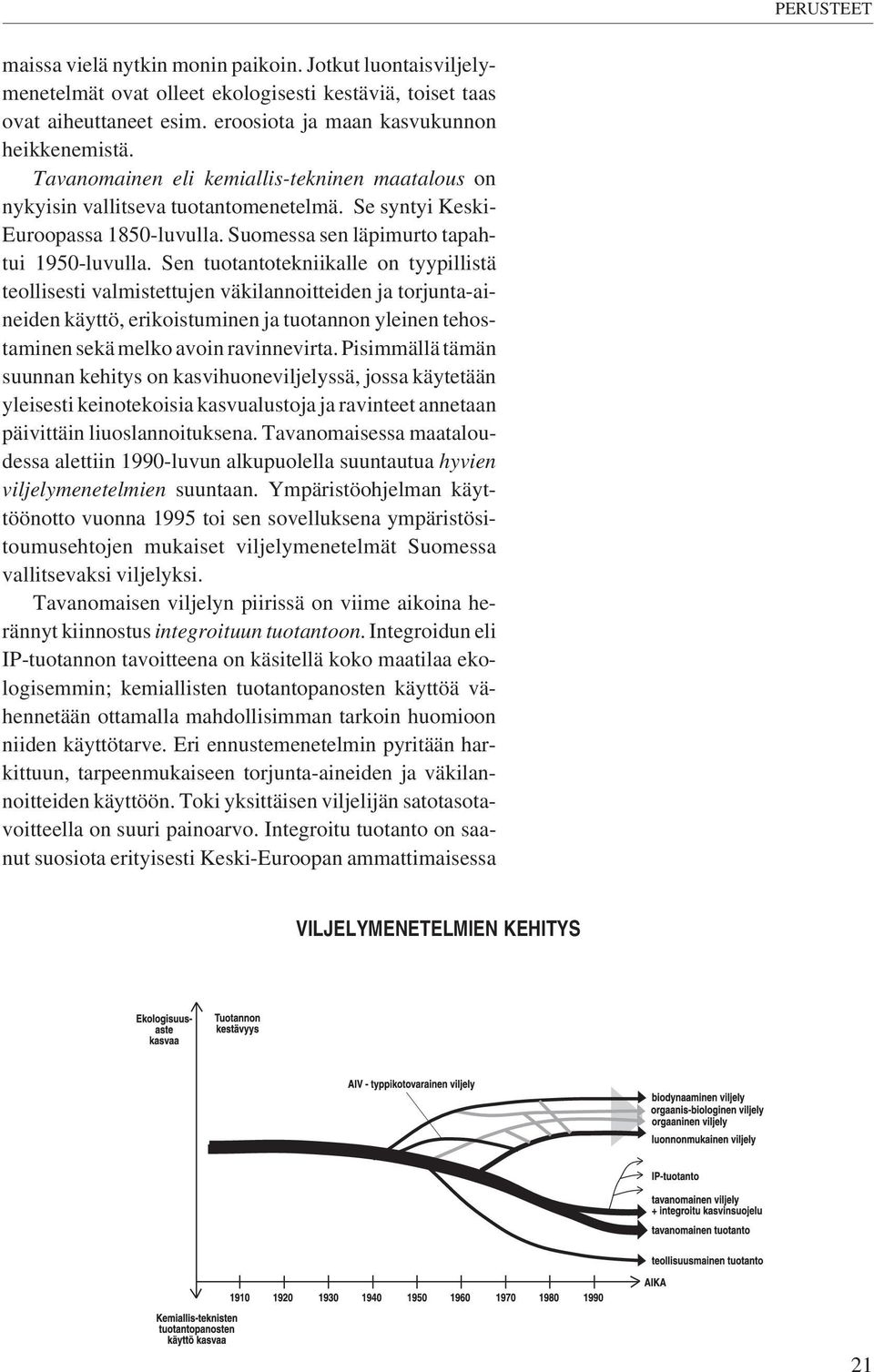 Sen tuotantotekniikalle on tyypillistä teollisesti valmistettujen väkilannoitteiden ja torjunta-aineiden käyttö, erikoistuminen ja tuotannon yleinen tehostaminen sekä melko avoin ravinnevirta.