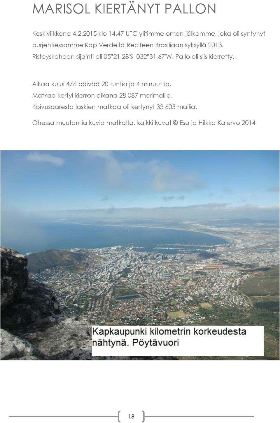 Risteyskohdan sijainti oli 05 21,28'S 032 31,67'W. Pallo oli siis kierretty.