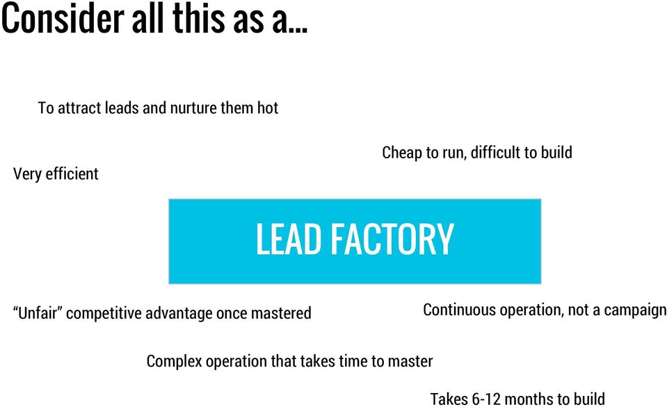 build Very efficient LEAD FACTORY Unfair competitive advantage once