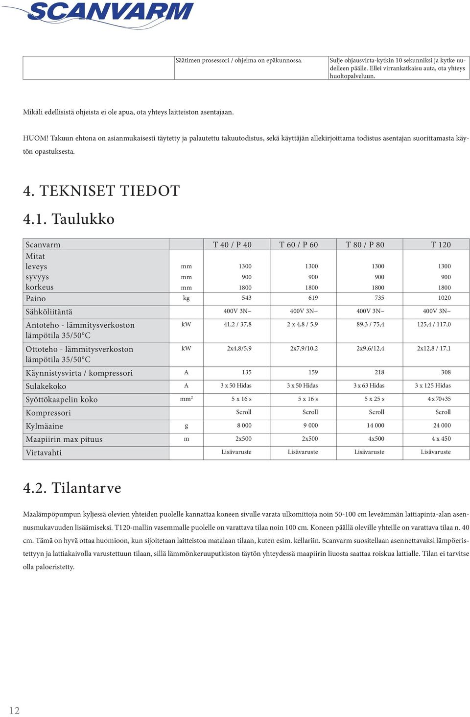 Takuun ehtona on asianmukaisesti täytetty ja palautettu takuutodistus, sekä käyttäjän allekirjoittama todistus asentajan suorittamasta käytön opastuksesta. 4. TEKNISET TIEDOT 4.1.