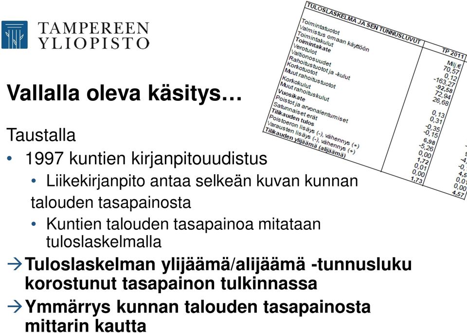 talouden tasapainoa mitataan tuloslaskelmalla Tuloslaskelman ylijäämä/alijäämä