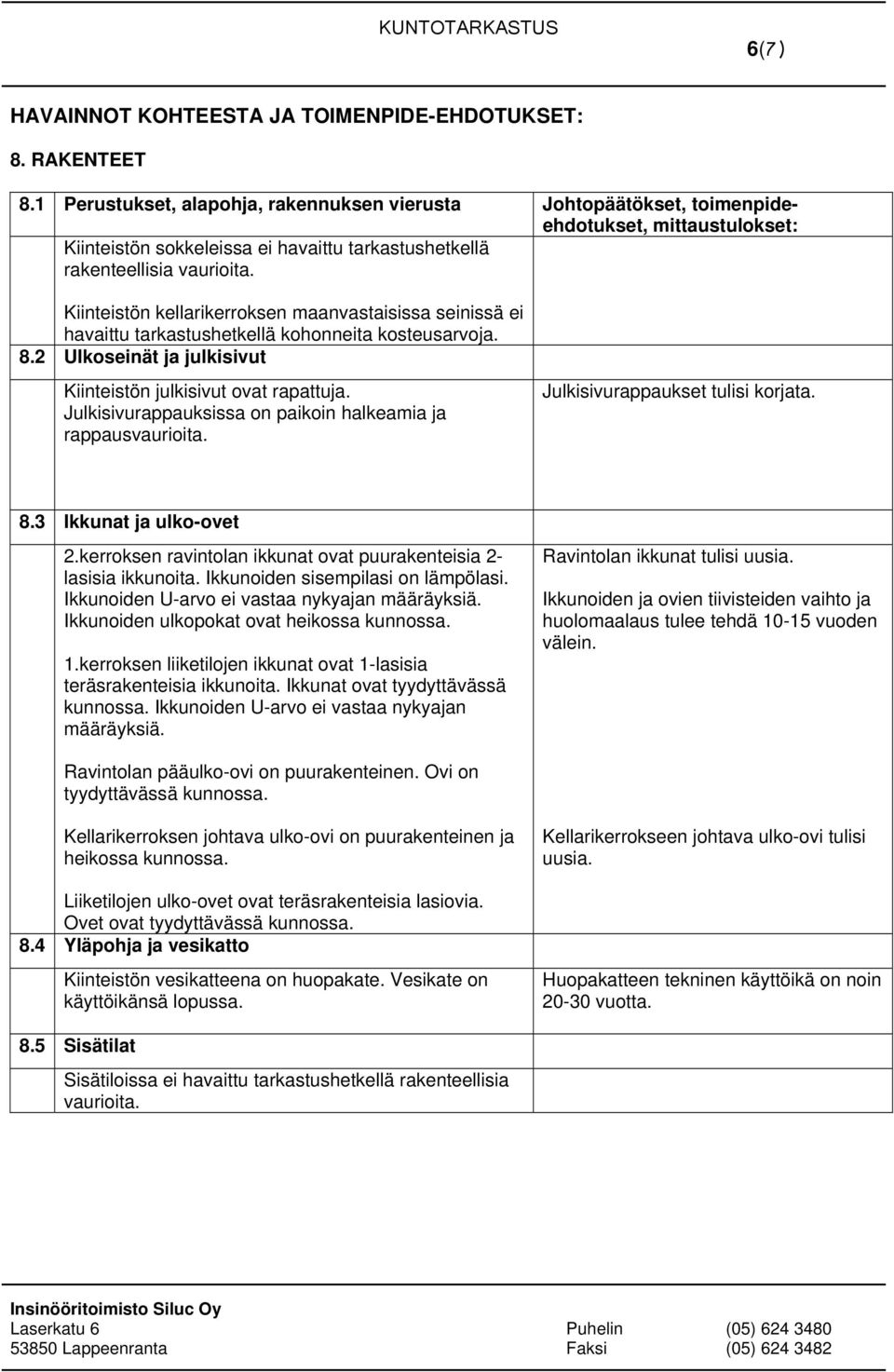 Kiinteistön kellarikerroksen maanvastaisissa seinissä ei havaittu tarkastushetkellä kohonneita kosteusarvoja. 8.2 Ulkoseinät ja julkisivut Kiinteistön julkisivut ovat rapattuja.