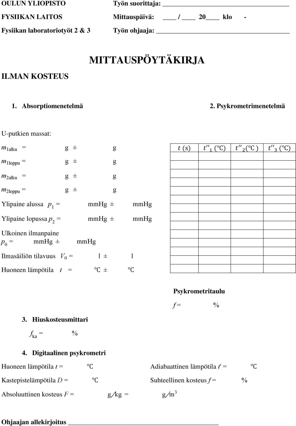 Psykrometrimenetelmä U-putkien massat: Ylipaine alussa Ylipaine lopussa Ulkoinen ilmanpaine Ilmasäiliön tilavuus Huoneen