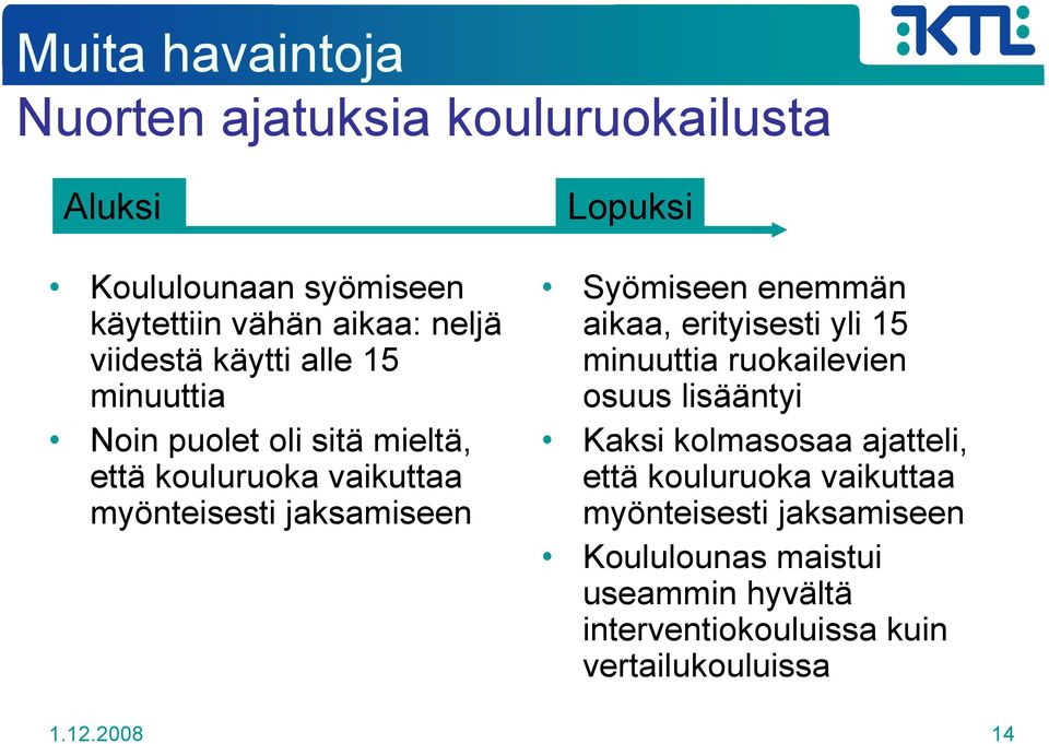 Syömiseen enemmän aikaa, erityisesti yli 15 minuuttia ruokailevien osuus lisääntyi Kaksi kolmasosaa ajatteli, että