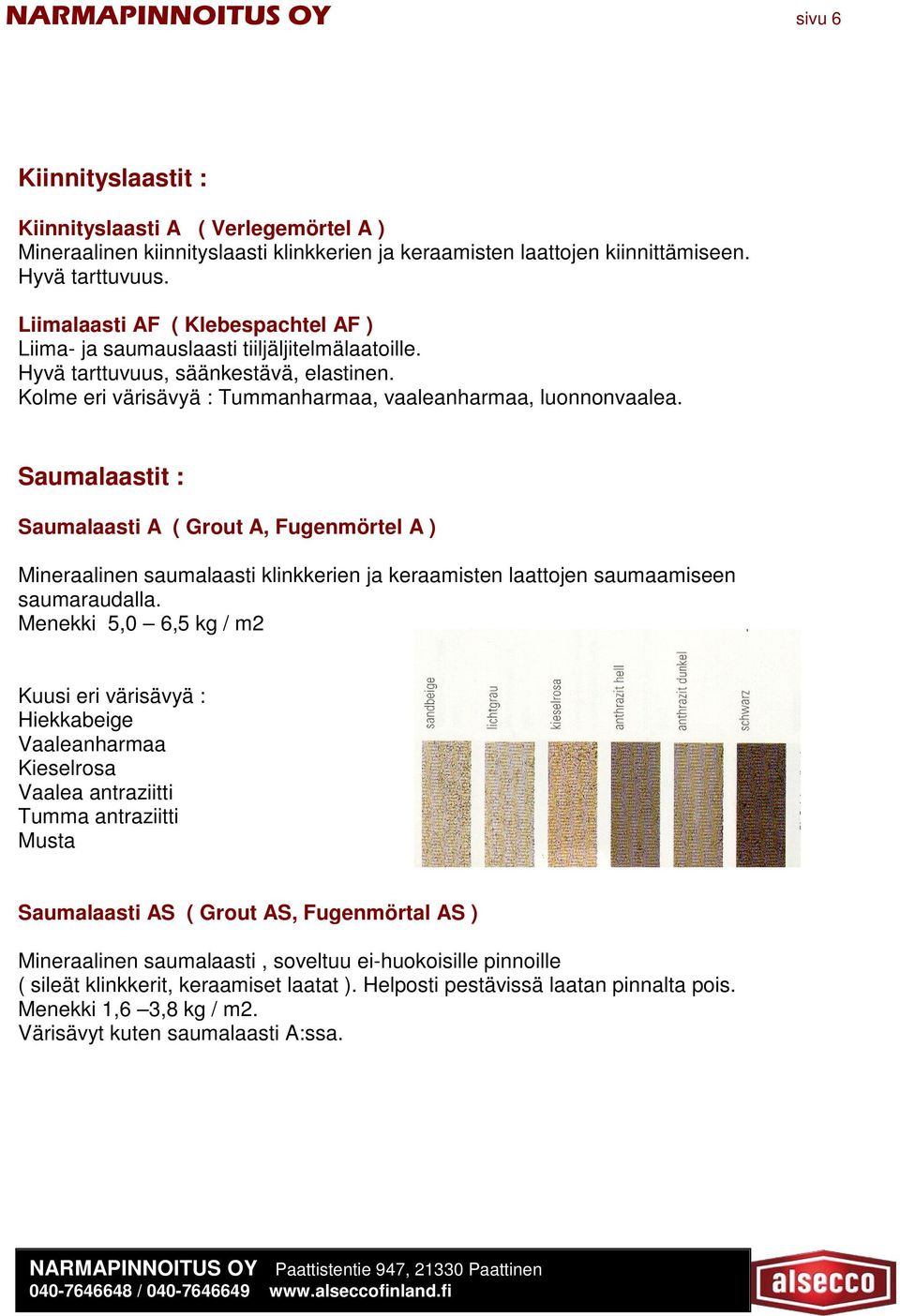 Saumalaastit : Saumalaasti A ( Grout A, Fugenmörtel A ) Mineraalinen saumalaasti klinkkerien ja keraamisten laattojen saumaamiseen saumaraudalla.