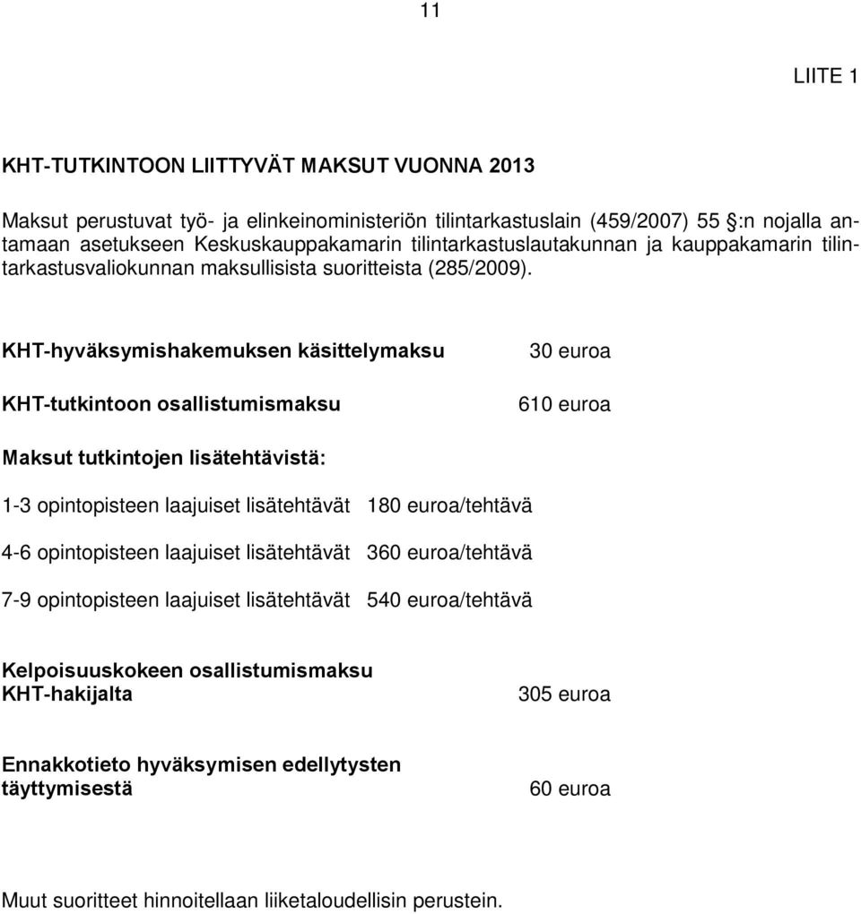 KHT-hyväksymishakemuksen käsittelymaksu KHT-tutkintoon osallistumismaksu 30 euroa 610 euroa Maksut tutkintojen lisätehtävistä: 1-3 opintopisteen laajuiset lisätehtävät 180 euroa/tehtävä 4-6